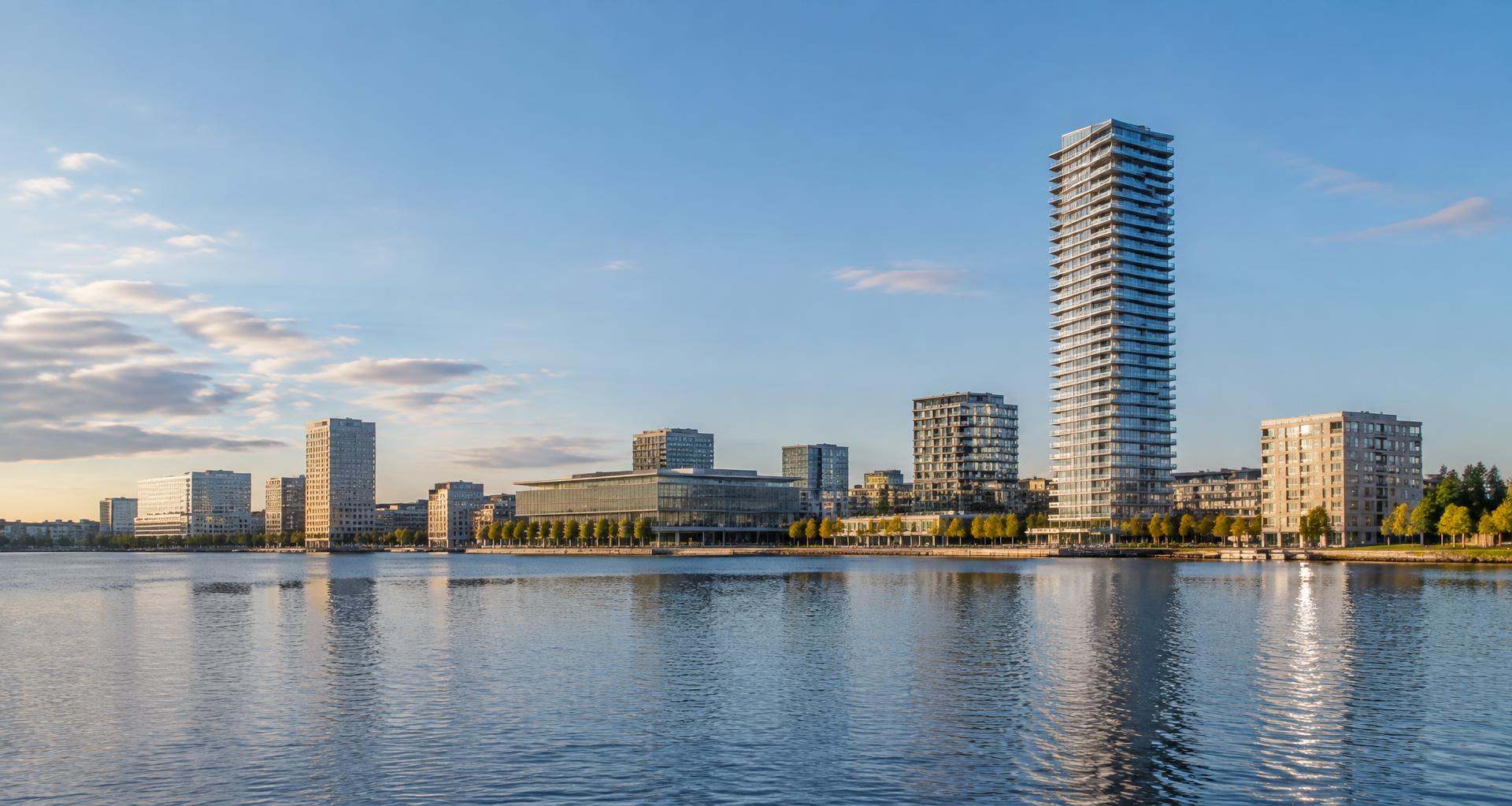 Gegenereerd beeld van de skyline van Almere aan het Weerwater bij avond